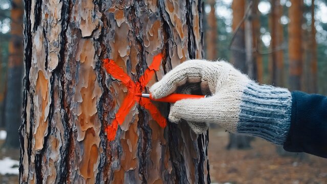 A gloved hand marks a pine tree with a bright red X in a winter forest, indicating its selection for logging or survey
