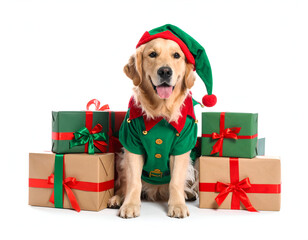 Festive Golden Retriever Dog Wearing an Elf Costume Surrounded by Christmas Presents