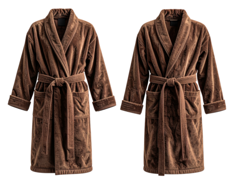 Two brown velour robes facing the viewer, belted, pockets