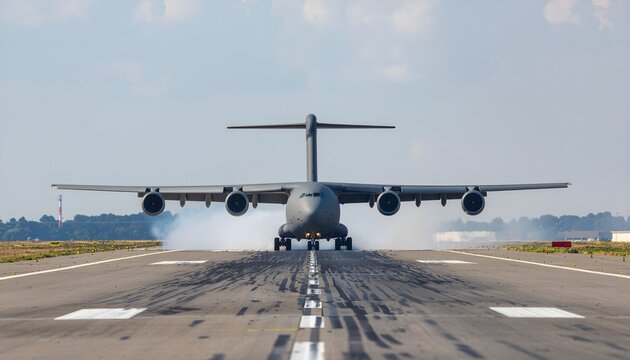 C-17 Globemaster III Landing on Runway with Smoke and Heat Haze