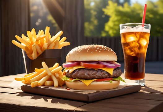 Delicious cheeseburger and french fries with a refreshing cola drink