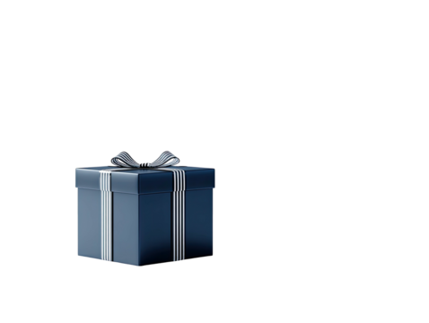 Elegant dark blue gift box with silver ribbon, centered-left