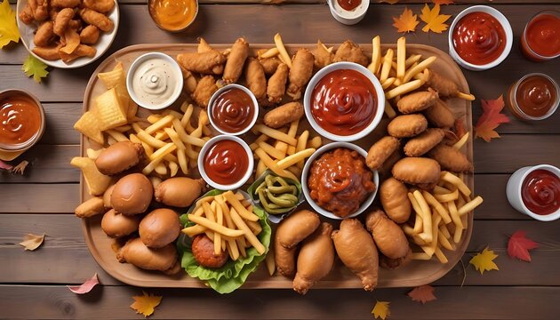 Large platter of fried appetizers and dipping sauces on wooden table