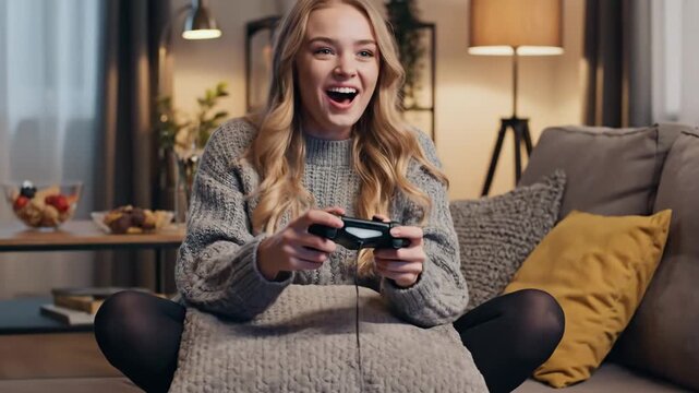Excited Gamer Woman on Sofa - A young woman with long blonde hair is enthusiastically playing a video game while sitting on a cozy sofa.