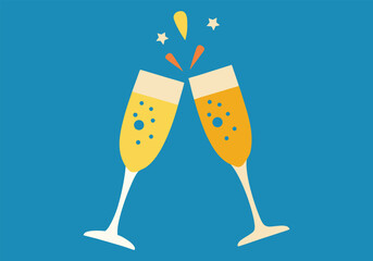 Illustration of two champagne glasses toasting with bubbles and stars on a blue background for celebration concept