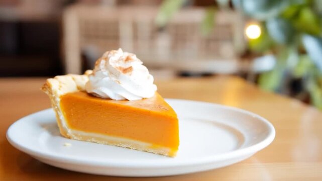 Delicious slice of golden pie with fluffy whipped cream topping served on white plate dessert food sweet treat bakery item