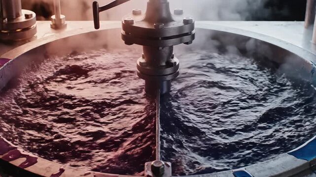 A split-screen shot where a "hot," bubbling, orange liquid and a "cold," still, dark blue liquid mix in a central chamber, neutralizing into a stable, clear, purple liquid.