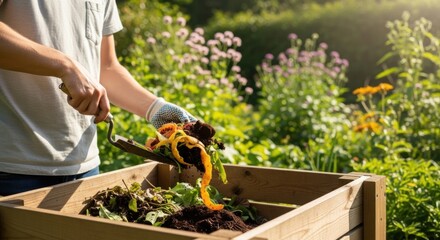Gardener composting organic waste in wooden bin outdoors in sunlight.