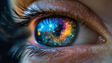 Close-up of an eye iris reflecting the entire universe, symbolizing cosmic awareness, infinite imagination, insight, connection, and the boundless nature of perception.
