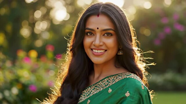 Smiling Woman in Green Sari in Sunlit Garden - A woman wearing a vibrant green sari with embroidered details stands in a sunlit garden.
