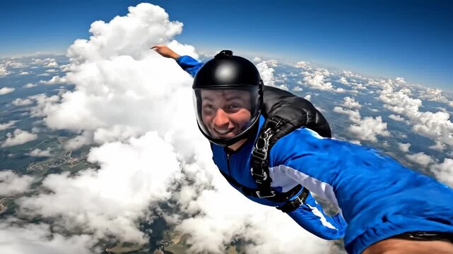 Skydiver Freefalling through Clouds - A person is captured mid-air during a skydive, wearing a blue jumpsuit and black helmet.