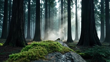 Ancient forest landscape with mossy log and sunbeams piercing through mist - Powered by Adobe