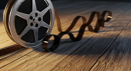 Vintage movie reel with an unrolling celluloid film strip on a wooden background, representing the magic of cinema and entertainment