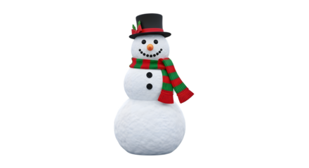 Cheerful snowman wearing a festive scarf and top hat isolated on transparent background
