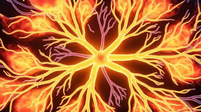 A "thermal" style visualization of a human capillary network, initially cool blue/purple, which "heats up" to red-orange, and widens from a "hot spot" (nitric oxide).