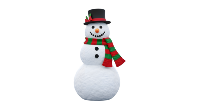 Cheerful snowman wearing a festive scarf and top hat isolated on transparent background