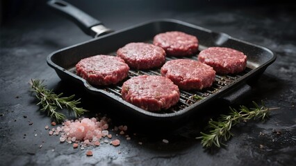 Fresh Raw Beef Hamburger Patties in Black Grill Pan with Rosemary and Pink Salt on Dark Background