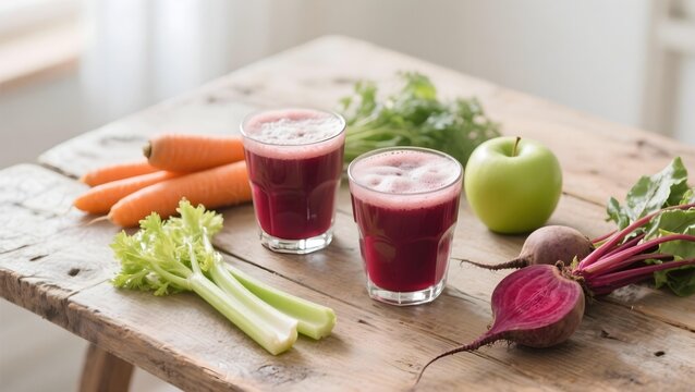 Vibrant red detox juice with fresh beets, carrots, apple, and celery on rustic wood. Healthy homemade beverage. - Powered by Adobe