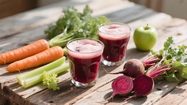 Fresh Beetroot & Vegetable Juice with Carrots, Celery, and Apple on Rustic Wood