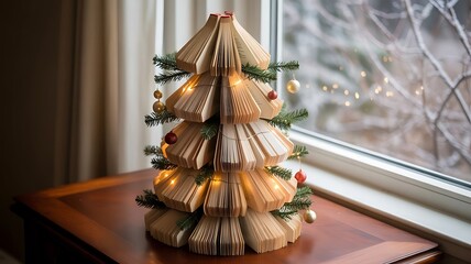 Creative christmas tree made of folded books on wooden table near window offering unique alternative for holiday decoration at home