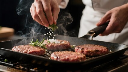 Chef seasoning raw beef patties with herbs and salt on a hot grill pan, preparing gourmet burgers