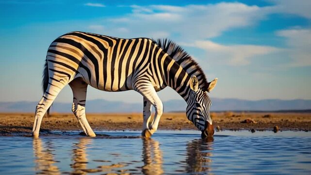 A zebra drinking water in a shallow pool with a clear sky and horizon in the background scene zebra video