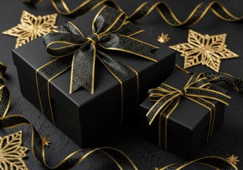 Two black gift boxes with gold trimmed black ribbon and gold snowflakes image