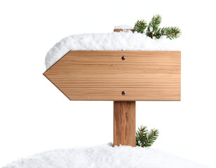 Wooden signpost pointing left, covered in snow, with evergreen sprigs and winter charm