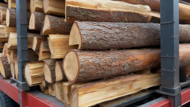 Stacked logs ready for processing or sale.