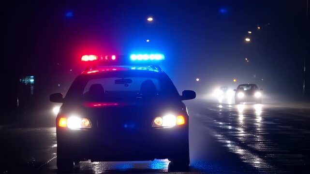 A police vehicle with flashing red and blue lights drives on a wet road at night with other cars