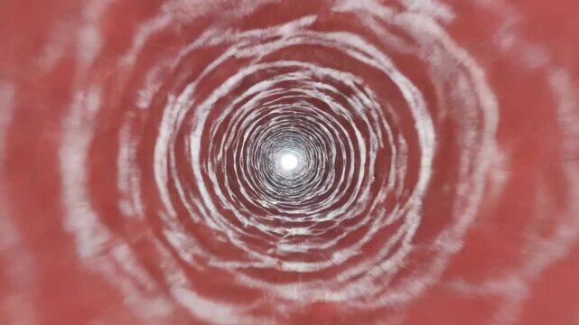 A point-of-view camera move through a narrow, organic tunnel (blood vessel) which "relaxes" and expands after a "pulse" of gaseous, teal-colored light (nitric oxide) rushes past.