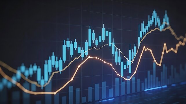 Financial charts depicting stock market data analysis using glowing candlestick graphs and rising curves for business investment plan - Powered by Adobe