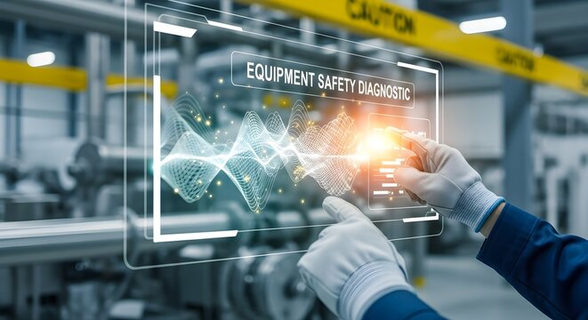 Technician Performing Equipment Safety Diagnostic with Virtual Display in Factory