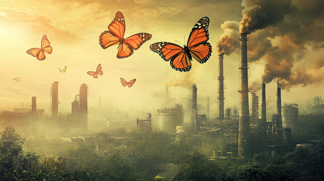 Factory chimneys releasing butterflies instead of smoke, symbolizing transformation, environmental hope, sustainability, creativity, and a harmonious blend of industry and nature.
