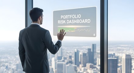 Financial Advisor Using Portfolio Risk Dashboard on Holographic Window Display