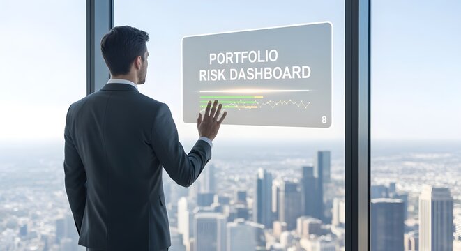 Financial Advisor Using Portfolio Risk Dashboard on Holographic Window Display