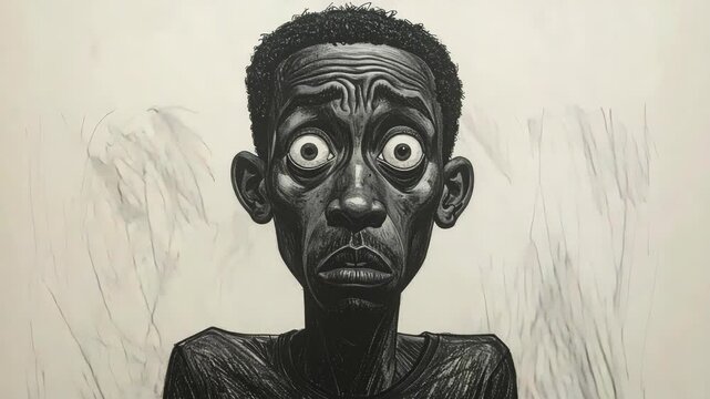 A black and white portrait of a man with wide eyes, expressing fear and anxiety.