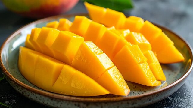 Close-up of sliced mango pieces arranged on a ceramic plate, showing vibrant yellow flesh.