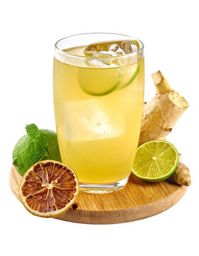 Inviting pisco and ginger ale cocktail with a sprig of fresh mint for an aromatic garnish, isolated on white background