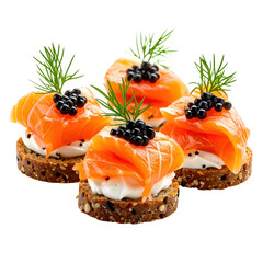 Elegant small rye canapés with salmon isolated on white background, a classic and luxurious scandinavian appetizer for parties and special occasions
