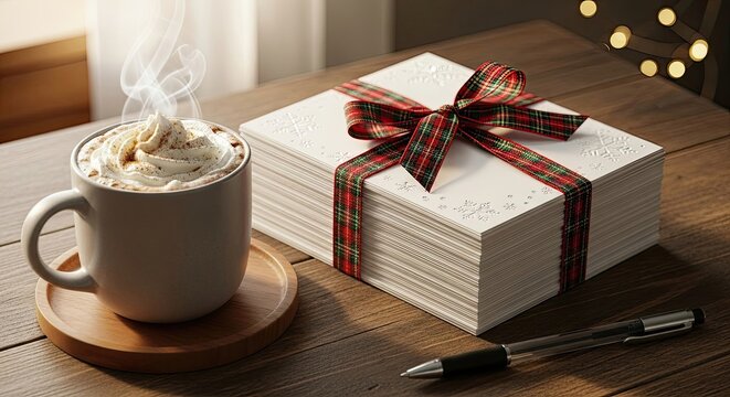 Christmas cards, hot drink, cozy holiday writing preparation on desk