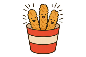Happy kawaii fried chicken tenders in a bucket illustration with transparent background, cheerful fast food concept