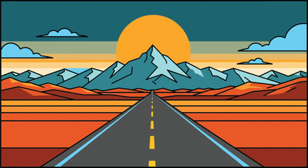 Road trip to mountains landscape sunset scenic view vector art
