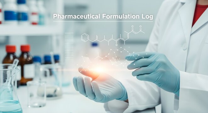 Scientist Interacting with Pharmaceutical Formulation Log Hologram in Lab