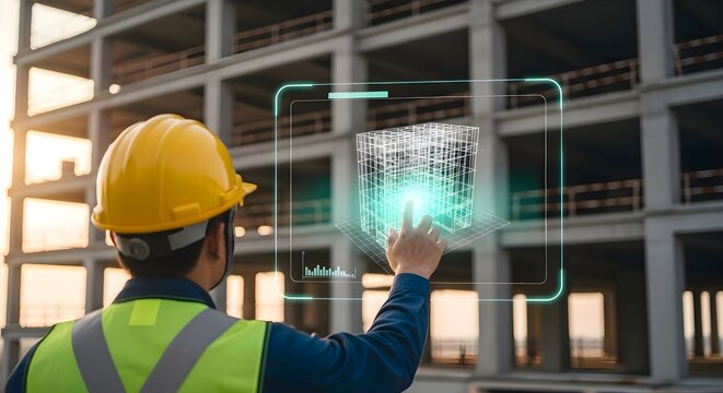 Construction Engineer Interacting with Building Information Model (BIM) Hologram at Site - Powered by Adobe