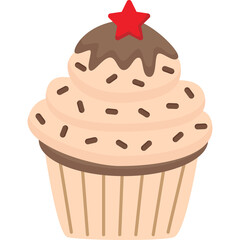 A Delightful Cupcake With Light Brown Frosting Chocolate Drizzle and Sprinkles Topped With A Red Star Ornament On A White Background