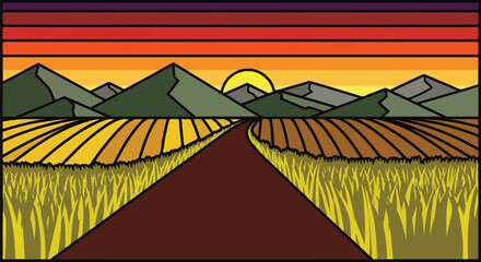 Farm landscape illustration at sunset with mountains and fields