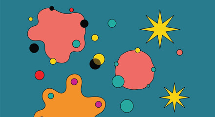 Abstract art with colorful shapes and stars on a blue background