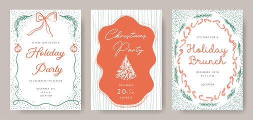 Christmas party and holiday brunch templates of invitations. Vector layout. Design of flyers for festive events. Whimsical style illustrations.
