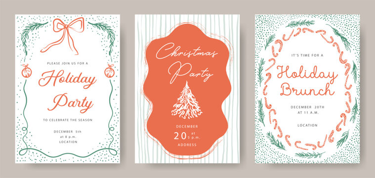 Christmas party and holiday brunch templates of invitations. Vector layout. Design of flyers for festive events. Whimsical style illustrations.